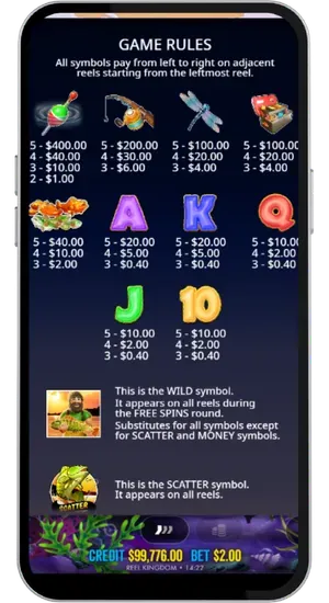 Big Bass Hold and Spinner full paytable screen listing all symbols with their payout values from the top paying bobber down to the low value card symbols alongside Wild and Scatter descriptions