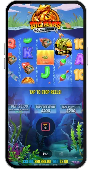 Hitting the spin button in Big Bass Hold and Spinner with Hold and Spin triggering on 3 money symbols and Free Spins on 3 scatters