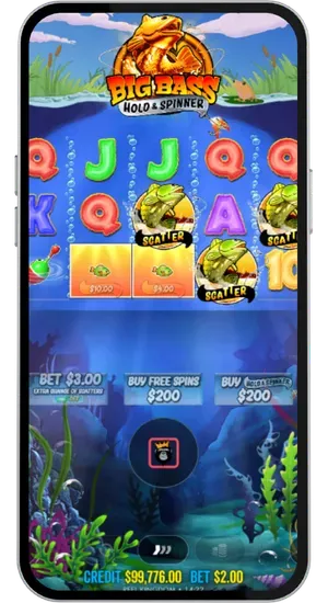 Big Bass Hold and Spinner base game with three bass Scatter symbols landing on the reels simultaneously triggering the Free Spins bonus round